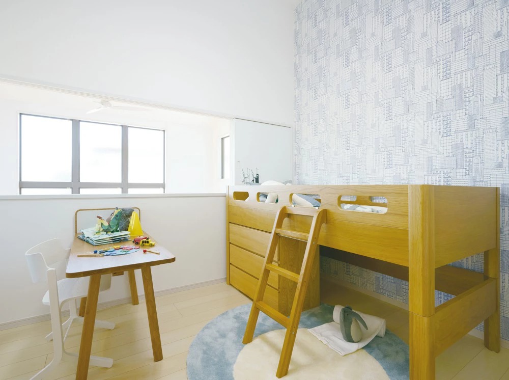 「ごはんできたよ」こんな声もかけやすい、吹き抜けのダイニングと繋がる子供部屋。